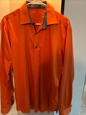 Bugatchi men's bright orange long sleeve dress shirt with patterned collar trim